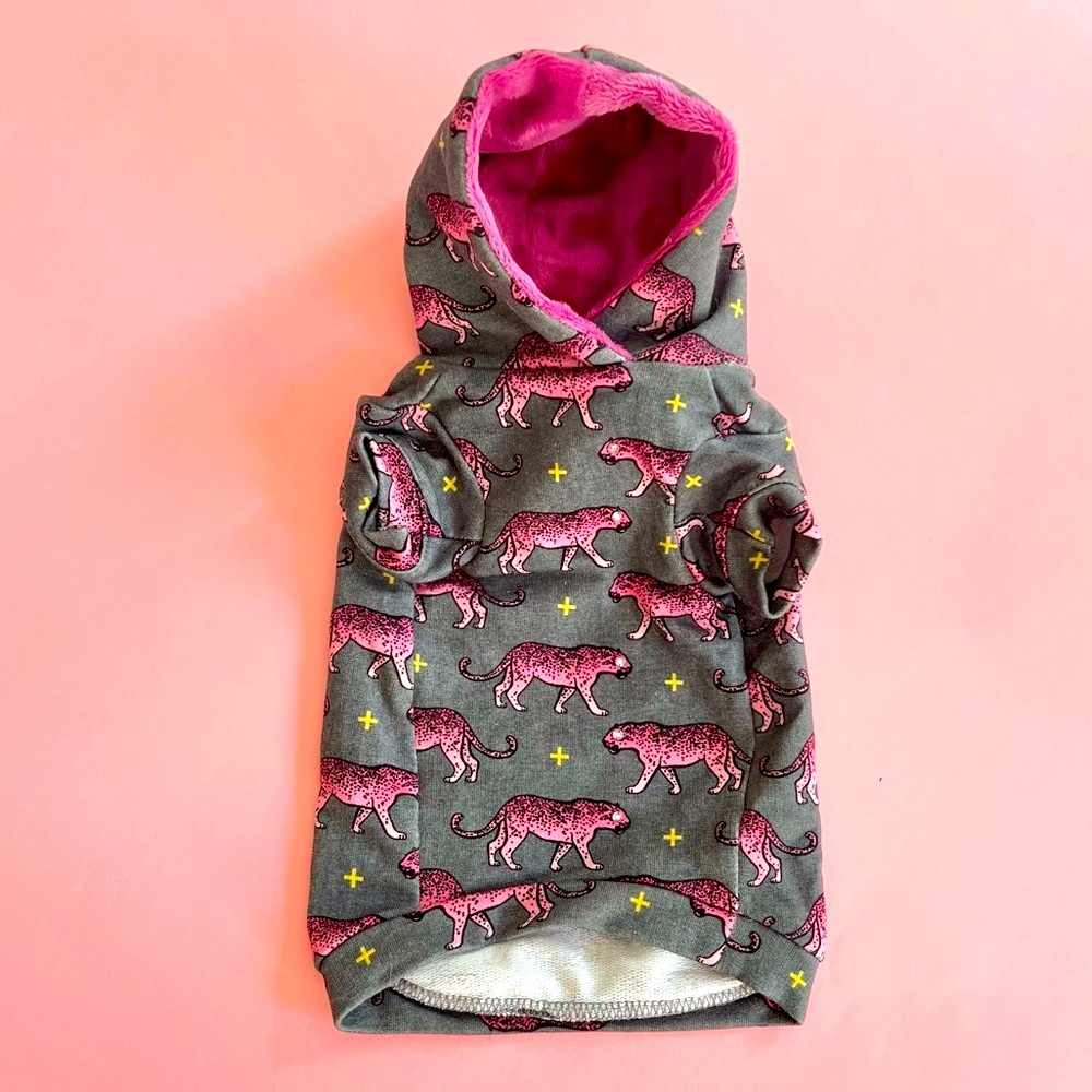INAMORADA Pink Leopard Print on Grey Dog Hoodie with Crystals NWOT